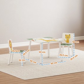 Mesa e Cadeiras para Crianças de 3 Peças Mesa Infantil com 2 Cadeiras em Madeira com Desenhos de Leões Verde