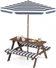 Conjunto de mesa de piquenique para crianças com 2 bancos de madeira, guarda-sol dobrável e ajustável, almofadas para uso interior e exterior, azul-ma