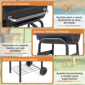 Grelhador a carvão para churrasco ao ar livre com mesa lateral dobrável Termóstato Prateleira de armazenamento preto