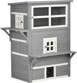 PawHut Casa para Gatos de Madeira Exterior Casa Grande para Gatos de 3 Andares com Múltiplas Entradas Janelas 98x68,5x122 cm Cinza | Aosom Portugal