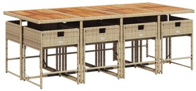 9 pcs conjunto de jantar p/ jardim com almofadões vime PE bege