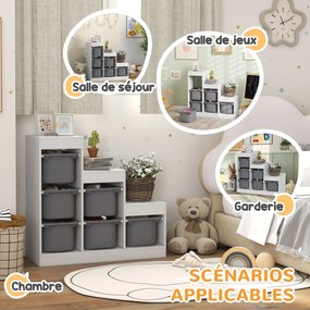 Móvel de arrumação para brinquedos infantis com 6 caixas removíveis, 3 níveis de arrumação, 96 x 38,5 x 90, branco, cinzento