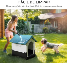 Casa para Cães Mini de Exterior em Plástico com 3 Janelas Base Elevada Telhado Inclinado 64,5x57x66 cm Azul