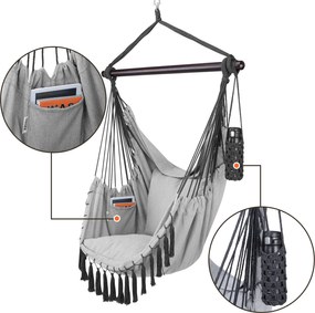 Cadeira suspensa 170x100x150cm com almofadas cinzenta clara