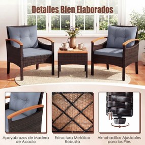 Conjunto de 3 peças para jardim em vime e rattan, com cadeiras com braços, mesa auxiliar em madeira de acácia e almofadas em castanho misturado e cinz