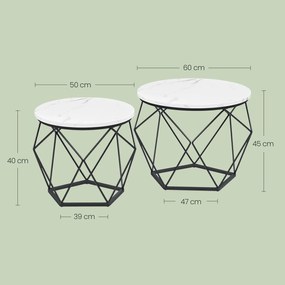 Conjunto de 2 mesas de centro redondas modernas em branco imitação mármore  e preto