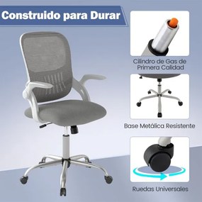 Cadeira de escritório ergonómica com encosto em malha e apoios de braços rebatíveis, ajustável em altura e rodas cinzenta