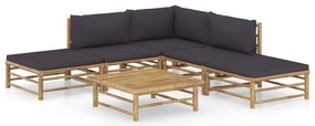 6 pcs conj. lounge jardim em bambu c/ almofadões cinza-escuro