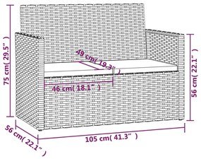 Banco de jardim com almofadões 105 cm vime PE cinzento