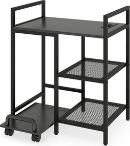 Suporte para impressora 63,5 x 40 x 72 cm com estação de carregamento de 3 níveis com rodas bloqueáveis Preto