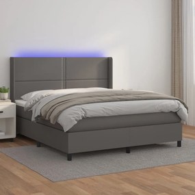 Cama box spring c/ colchão/LED 180x200cm couro artificial cinza