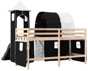 Cama alta criança c/ torre 90x200 cm pinho maciço branco/preto