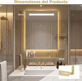 Espelho de casa de banho com LED 80 x 60 cm, função antiembaciamento, 3 cores de luz e brilho ajustável, moldura em alumínio com estante de parede, do