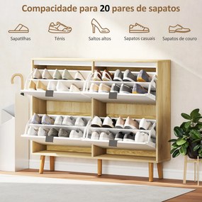Sapateira Estreita com 4 Portas em Branco Brilho Prateleiras Ajustáveis Pernas de Madeira para 20 Pares de Sapatos 105x24x92,5 cm