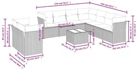 10 pcs conjunto de sofás p/ jardim com almofadões vime PE bege