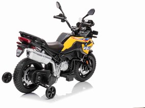 Moto eléctrica para crianças BMW F850 GS, 12V,Rodas Soft EVA, 2 motores x 35W, luzes LED, rodas auxiliares, MP3 player com entrada USB/Aux, Amarelo