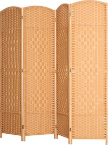 Biombo de interior em madeira 180 x 180 cm,, com 4 painéis, divisória dobrável para sala de estar ou quarto, castanho claro