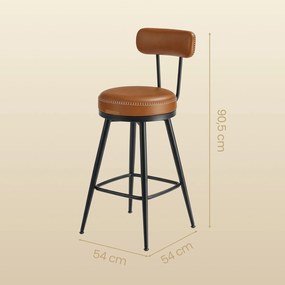 Conjunto de 2 bancos altos giratórios com encosto, couro sintético 54 x 54 x 90,5 cm castanho
