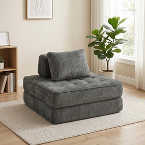 Sofá-cama dobrável 2 em 1, poltrona individual, convertível em chenille, almofada grossa, encosto e almofada de cabeça, cinzento