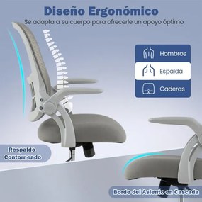 Cadeira de escritório ergonómica com encosto em malha e apoios de braços rebatíveis, ajustável em altura e rodas cinzenta