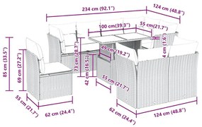 9 pcs conjunto sofás p/ jardim com almofadões vime PE cinzento