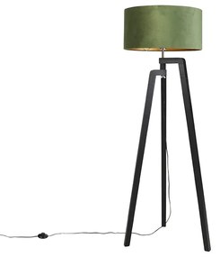 Candeeiro de pé tripé preto com cúpula verde e dourado 50 cm - Puros Country / Rústico