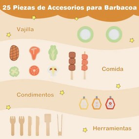 Churrasqueira de madeira para crianças 53 x 36 x 63 cm para fingir cozinhar alimentos com acessórios para churrasco Natural