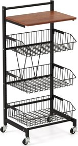 Carrinho de arrumação de cozinha de 4 níveis com rodas Altura ajustável e cestos amovíveis 40 x 31 x 88 cm Preto/castanho