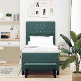 Cama Box Spring com Colchão e Banco Verde Escuro 90x200 cm Veludo