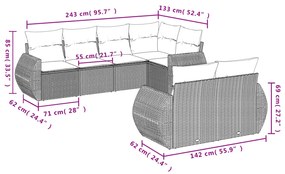 7 pcs conj. sofás jardim com almofadões vime PE cinzento-claro