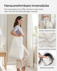 Cesto da roupa suja branco, 90 L, 33 x 46 x 60 cm com 2 compartimentos, trançado à mão e com tampa Branco