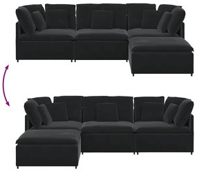 Sofá modular com pufes e almofadas veludo preto