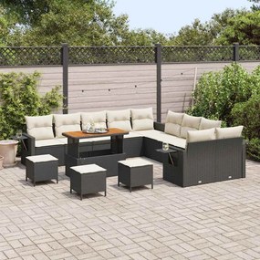 Conjunto de sofá de jardim com 14 peças, almofadas em rattan preto, po
