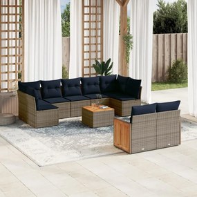 vidaXL 10 pcs conjunto sofás p/ jardim c/ almofadões vime PE cinzento
