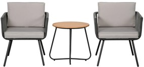Outsunny Conjunto de Móveis de Jardim de Vime 3 Peças Incluí 1 Mesa de Centro e 2 Poltronas com Almofadas Acolchoadas Cinzento