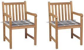 vidaXL Cadeiras jardim c/ almofadões xadrez cinzento 2 pcs teca maciça