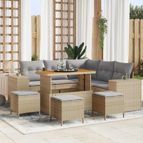 vidaXL Conjunto de Sofás de Jardim de 9 Peças com Almofadas Bege, Poly Rattan, Acácia