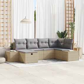 Conjunto de Sofás 6 peças com Almofadas Bege de Rattan Poliéster