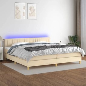 Cama box spring c/ colchão e LED 200x200 cm tecido cor creme