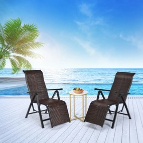 Conjunto de 2 espreguiçadeiras jardim de rattan para exterior dobrável com encosto ajustável para jardim, pátio, praia, interior, Castanho