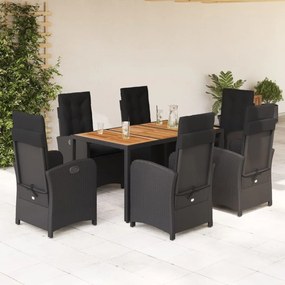 7 pcs conjunto de jantar p/ jardim c/ almofadões vime PE preto