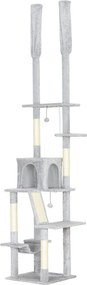 PawHut Árvore Arranhador para Gatos para Fixar ao Teto Altura Ajustável 225-255 cm com Casa e Hamaque 48x48x255 cm Cinza Claro | Aosom Portugal
