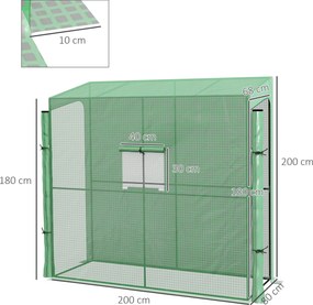 Estufa de jardim encostada à parede para cultivo de tomate 200 x 80 x 200/180 A cm, com 2 portas enroláveis com fecho de correr, 1 janela, verde