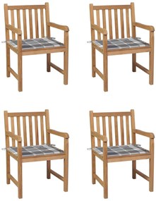 Cadeiras jardim c/ almofadões xadrez cinzento 4 pcs teca maciça