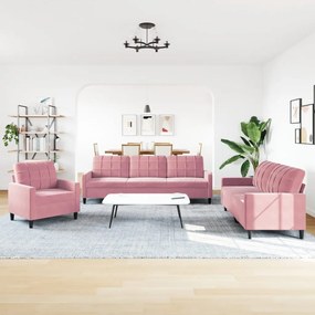 3 pcs conjunto de sofás com almofadões veludo rosa