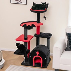 Arranhador gótica para gatos 134 cm com cama pompom e bolas de mola Centro de atividades de 6 níveis Vermelho e preto