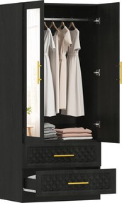 Guarda Roupa com Espelho 2 Portas e 2 Gavetas Relevo de Diamante Barra para Pendurar Estilo Moderno 80x50x180 cm Preto