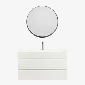 Conjunto De Móvel De Casa De Banho Em Madeira E Chapa De Freixo Com Lavatório Integrado Ona Branco & Redondo Led E Anti-embaciamento - Sklum