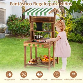 Cozinha de brincar de dupla face com churrasqueira de madeira com toldo, pia e torneira Fogão para brincar ao ar livre com acessórios Castanho