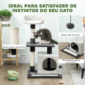 Arranhador para Gatos com Plataformas Caverna Postes Arranhadores Tapete de Sisal e Bolas 48x40x85 cm Cinzento Claro e Preto
